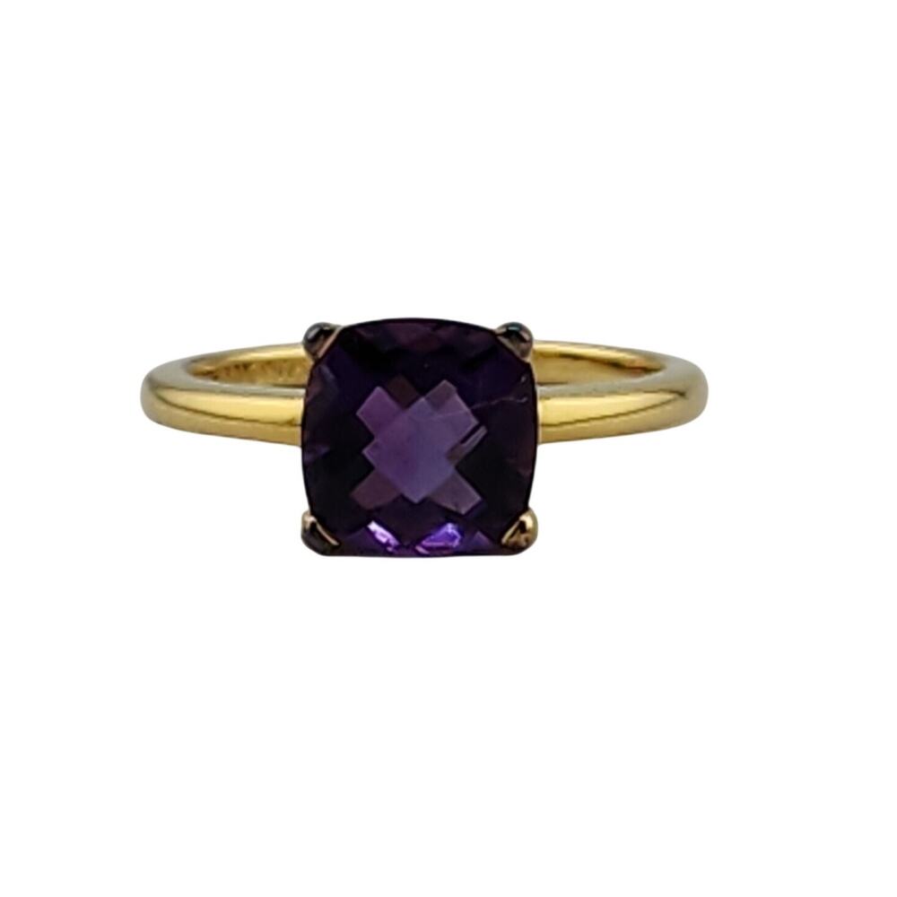 Yellow Gold Plated Sterling Silver Square Created Amethyst Solitaire Ring 7